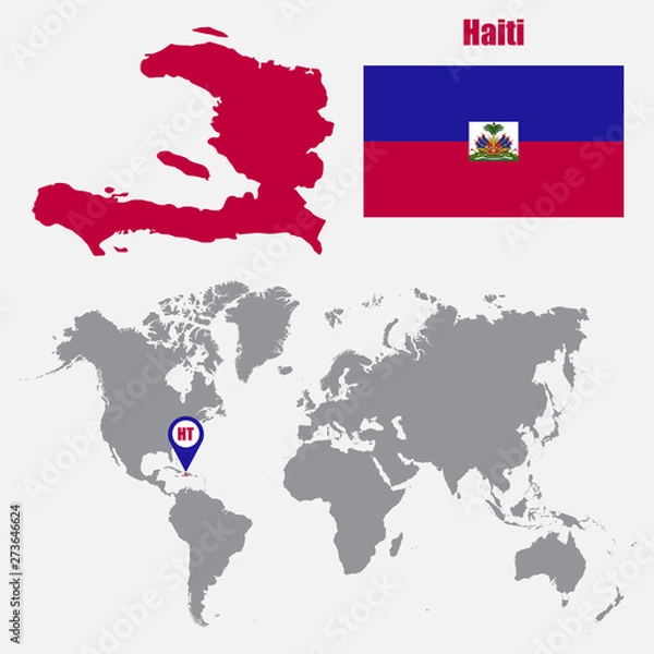 Fototapeta Haiti map on a world map with flag and map pointer. Vector illustration