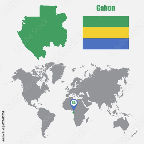 Fototapeta Gabon map on a world map with flag and map pointer. Vector illustration