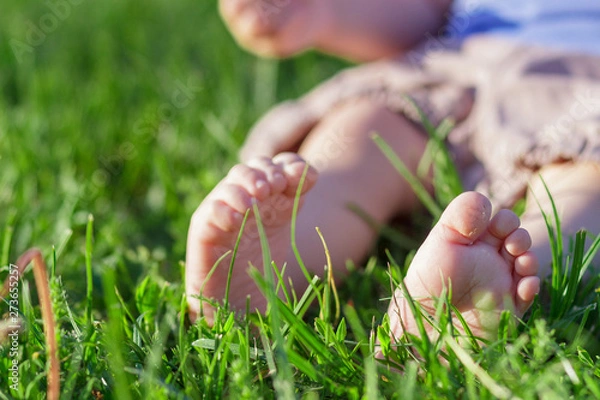 Fototapeta Cute little girl sits on the green grass, outdoors, summer time, blurred background