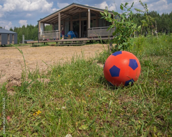 Fototapeta Red soccer ball for children on the green grass in front of a country house. Space for text