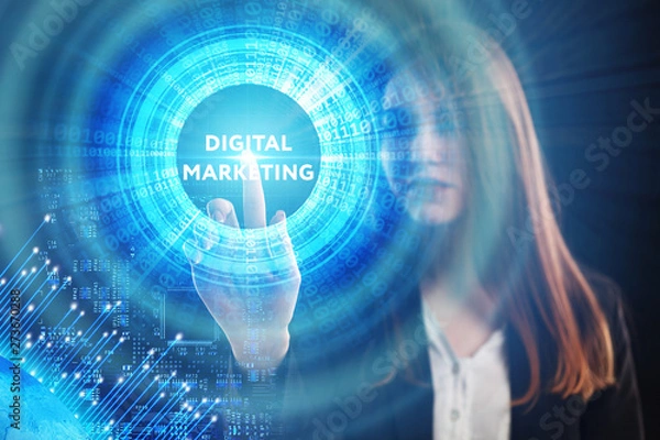 Fototapeta The concept of business, technology, the Internet and the network. A young entrepreneur working on a virtual screen of the future and sees the inscription: Digital Marketing