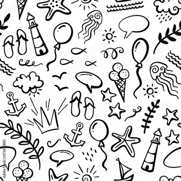 Fototapeta Vector summer outline seamless pattern.