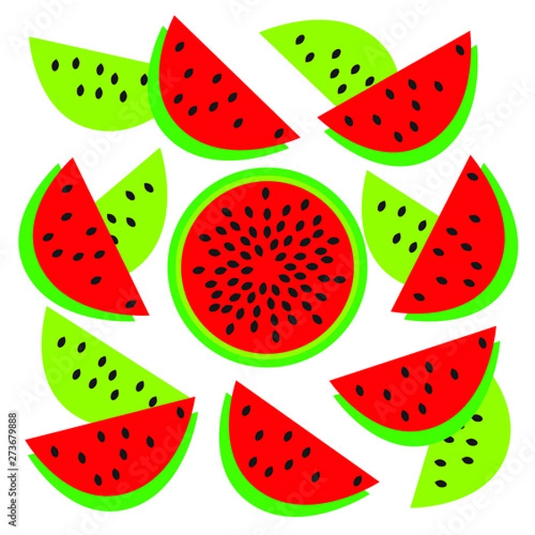 Fototapeta red slice of watermelon and whole sliced ​​watermelon with seeds vector