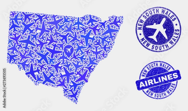 Fototapeta Aviation vector New South Wales map composition and scratched stamps. Abstract New South Wales map is constructed of blue flat random aviation symbols and map locations.