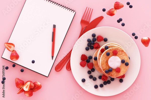 Fototapeta Pancake with blueberry and strawberry in the plate with clipboard on pink pastel background. 3d render