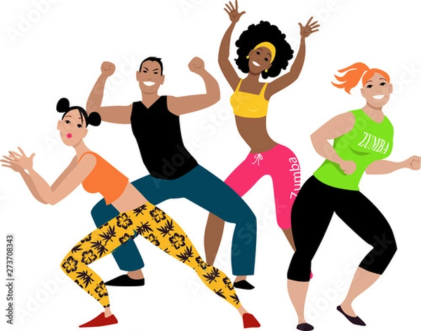 Obraz Diverse group of four young people doing zumba workout, EPS 8 vector illustration