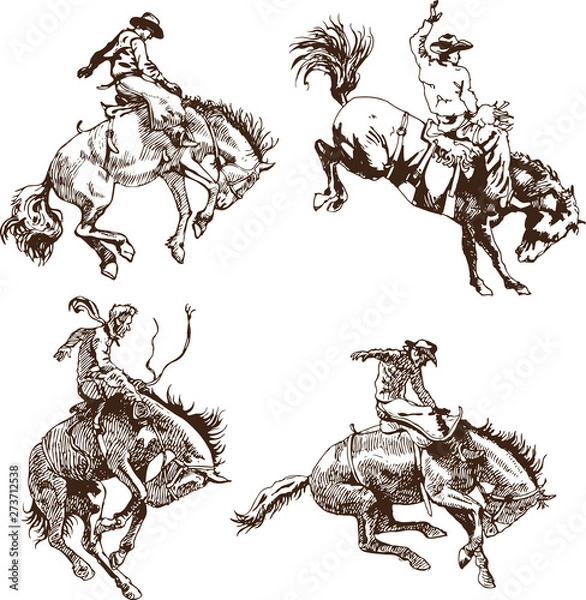 Fototapeta vector banner poster with a cowboy rider sitting on a wild horse mustang and the inscription rodeo on the background of wooden boards in retro style