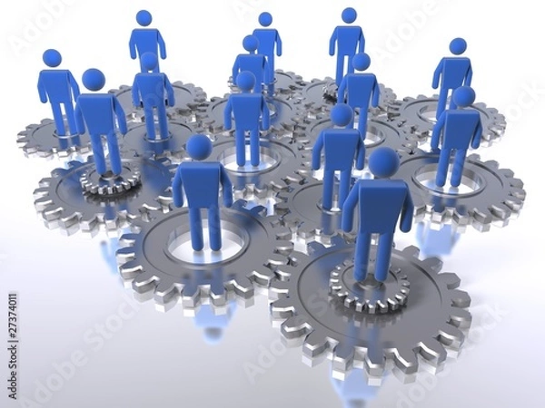 Fototapeta Model of 3D figures on connected cogs as a metaphor for a team