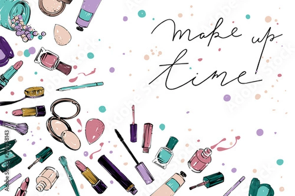Fototapeta Makeup set banner with different cosmetics, vector