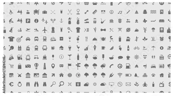 Fototapeta Icon set. Seamless pattern. Vector illustrations with travel, transport, hotel, rest, shopping, vacation and beach simbols.