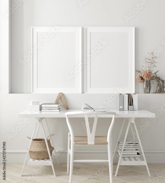 Fototapeta Poster, wall mock up in home interior background, home office, Scandinavian style, 3d render