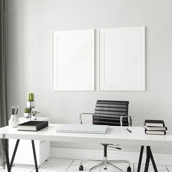 Fototapeta Poster, wall mock up in home interior background, home office, Scandinavian style, 3d render