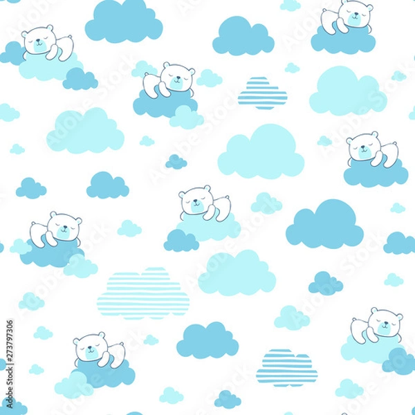 Fototapeta seamless pattern illustration of cute baby bear dreaming on blue clouds, design for baby and children
