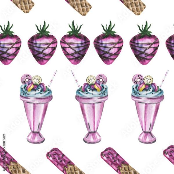 Obraz Watercolor, sweets and dessert seamless pattern, white background, for paper and textile design