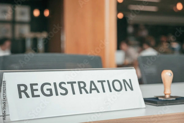 Fototapeta registration desk in front of conference