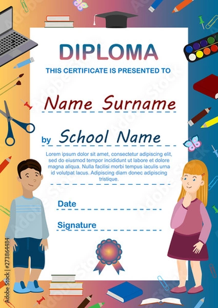 Obraz Cartoon childrens diploma template. Vertical A4 format is ready to print. Children's certificate - congratulations on graduation from kindergarten, elementary school, junior classes. Vector