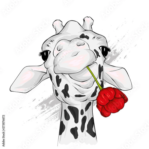 Obraz Funny giraffe. Vector illustration for greeting card or poster. Flower. Print on clothing or printed materials. Wild animal.