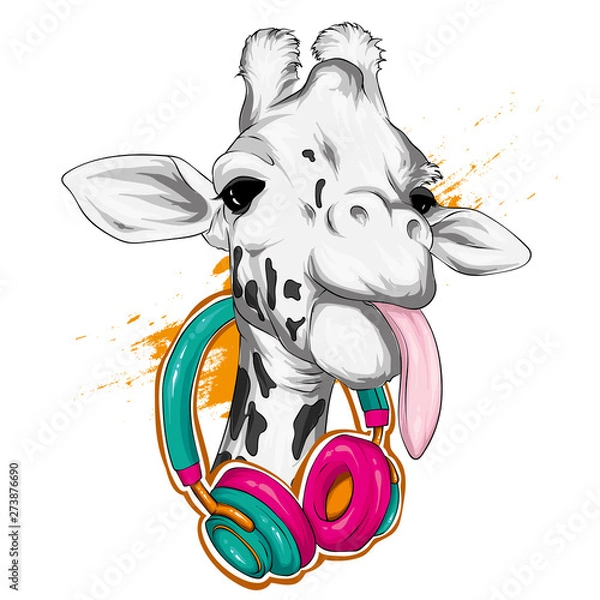 Fototapeta Giraffe with headphones. Vector. Wild animals.