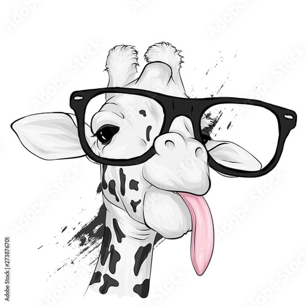 Obraz Funny giraffe with glasses. Vector illustration for greeting card or poster. Print on clothing or printed materials. Wild animal.