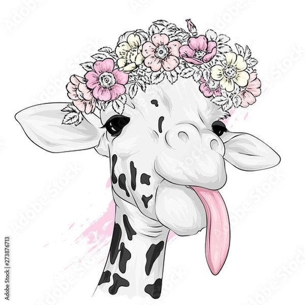 Obraz Giraffe in a flower wreath. Vector illustration. Wild animals.