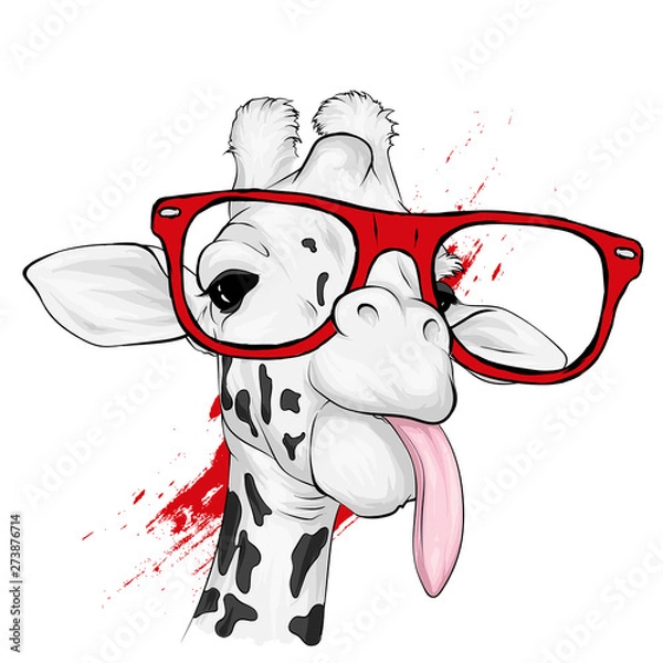 Obraz Funny giraffe with glasses. Vector illustration for greeting card or poster. Print on clothing or printed materials. Wild animal.