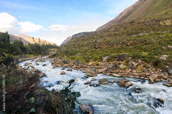 Fototapeta Urubamba or Vilcanota River running alongside the Inca Trail to Machu Picchu, near Cusco, in the Andes of Peru