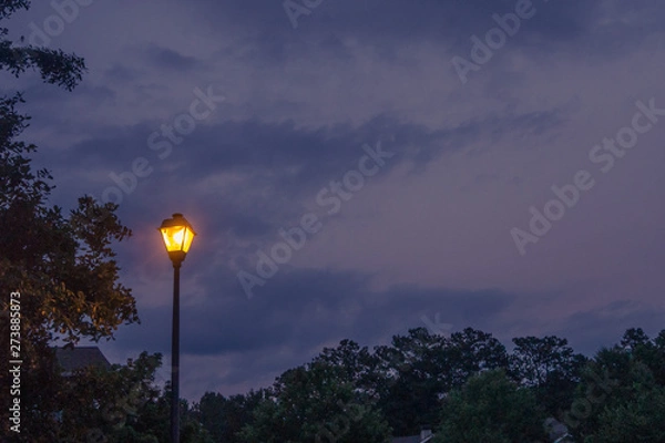Fototapeta Single lone street light lamp post at night shining in the dark in the evening