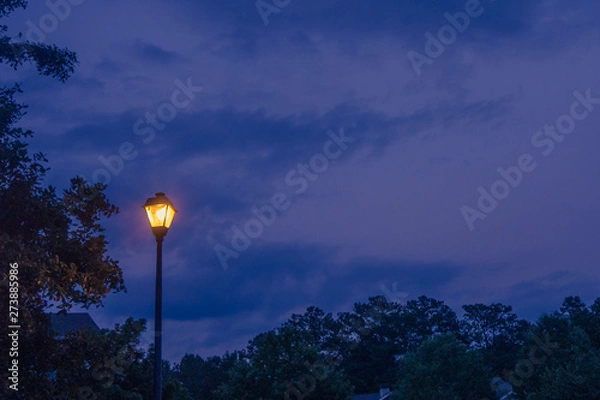 Fototapeta Single lone street light lamp post at night shining in the dark in the evening