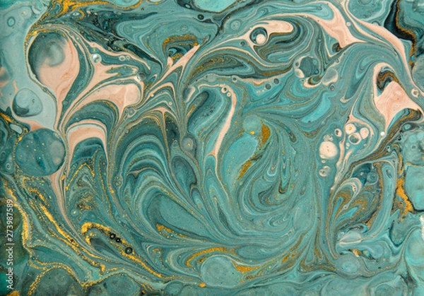 Fototapeta Blue and gold marbling pattern. Golden marble liquid texture.