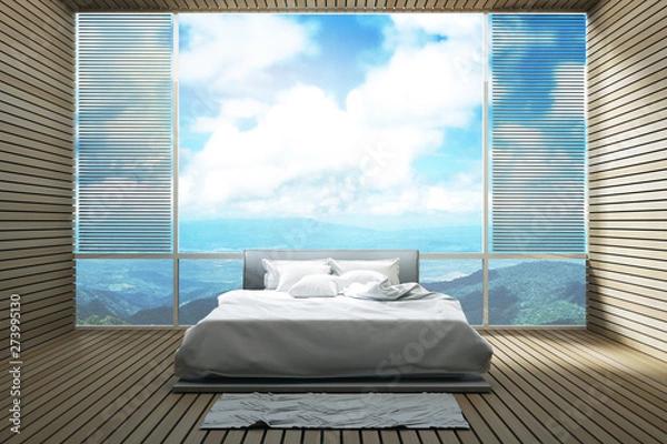 Fototapeta 3D Rendering : illustration of mountain view bedroom interior. soft bed with relaxing view from hotel or resort. morning wake up concept. wooden tile interior design. sunlight shining from outside.