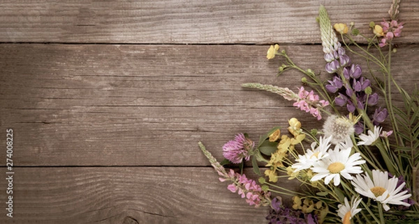Fototapeta Wild flowers on old grunge wooden background (chamomile lupine dandelions thyme mint bells rape)