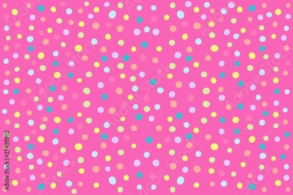 Fototapeta Abstract pink background with multicolor polka dots. Raster graphics.