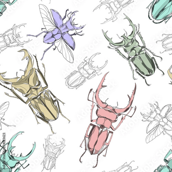 Obraz bug hand drawn seamless pattern pink green white background