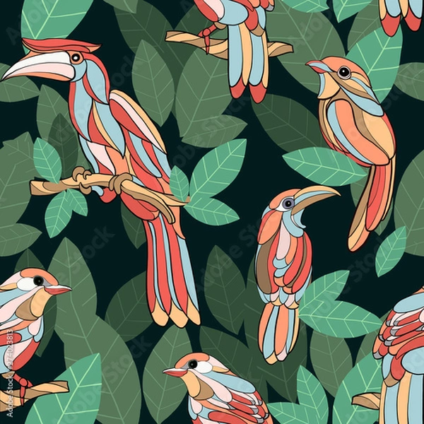 Obraz bird hand drawn green leaf seamless pattern