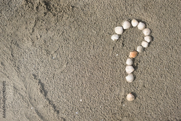 Fototapeta sea shells forming a question mark on a sandy beach. Concept of faq, travel tips and travel destinations
