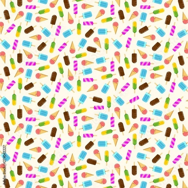 Fototapeta Pattern with a lot of colorful isolated ice cream. Hot summer time. Cold food flat vector illustration background