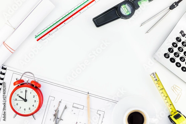 Obraz Interior designer table workplace with house plan