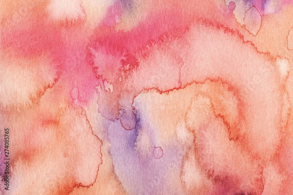 Fototapeta Hand painted abstract Watercolor Wet pink, purple and orange Background with stains. Watercolor wash. Abstract painting. design for invitation, greeting card, wedding. empty space for text