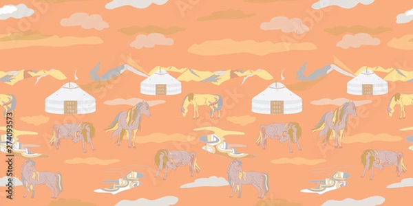 Fototapeta Seamless illustration of mongolian traditional family gers, relaxing and playful horses in different poses, mountains and clouds in a landscape of Mongolia. Vector pattern in shades of yellow, cream,