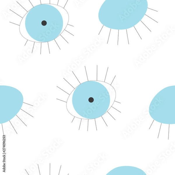 Fototapeta seamless pattern with blue evil eye vector with eyelashes - white background