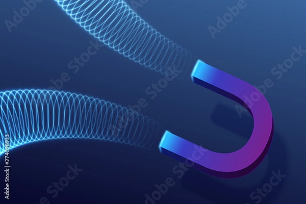 Fototapeta 3D magnet floating in the air, with blue magnetic waves. Vector background