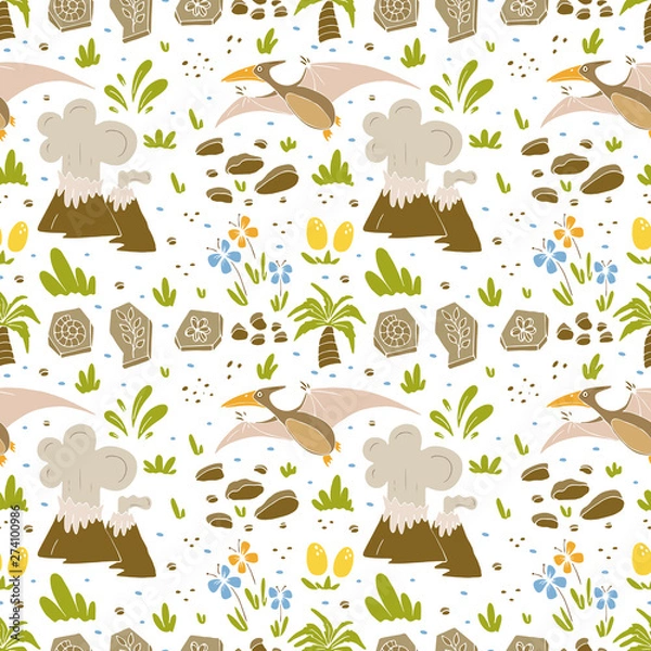 Fototapeta Dinosaur seamless pattern with funny dinosaurs in cartoon style