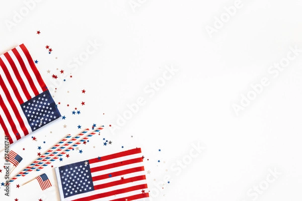 Fototapeta 4th of July American Independence Day decorations on white background. Flat lay, top view, copy space