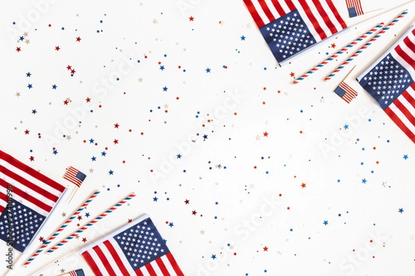 Fototapeta 4th of July American Independence Day decorations on white background. Flat lay, top view, copy space