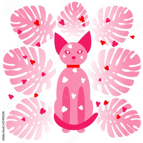 Obraz Pink transparent cat sits and looks straight ahead. A cat surrounded by butterflies of different colors and monster leaves. Neon kavayny style.
