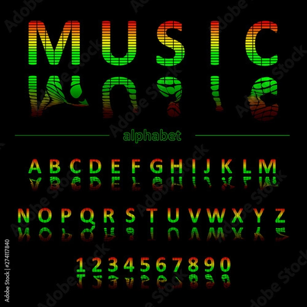 Fototapeta Alphabet in the form of an equalizer. Bright neon letters. Font for Musical Flyer, Night Party poster or Club Invitation.