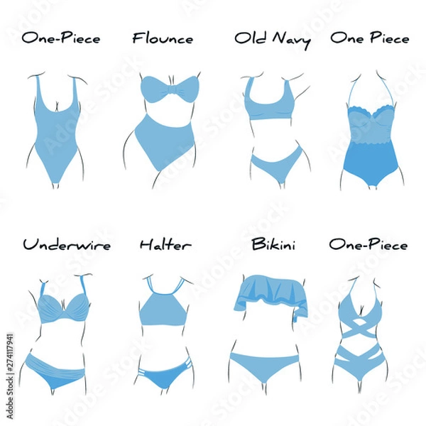 Fototapeta Illustration with types of swimsuites inside. Every type has name. For beauty and fashion style needs