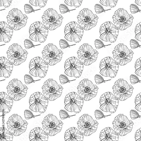 Obraz Flower popies graphic design. Cute seamless vector tile pattern. Retro vintage. line popie flower surface design.
