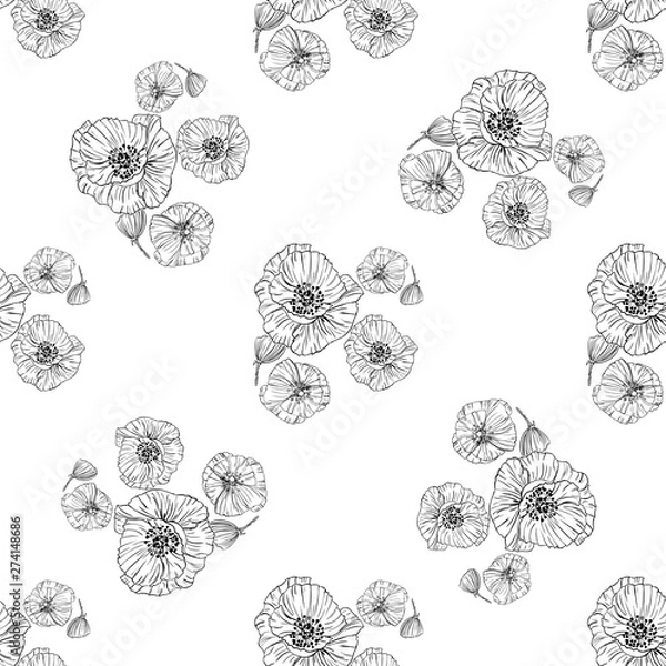 Obraz Flower popies graphic design. Cute seamless vector tile pattern. Retro vintage. line popie flower surface design.