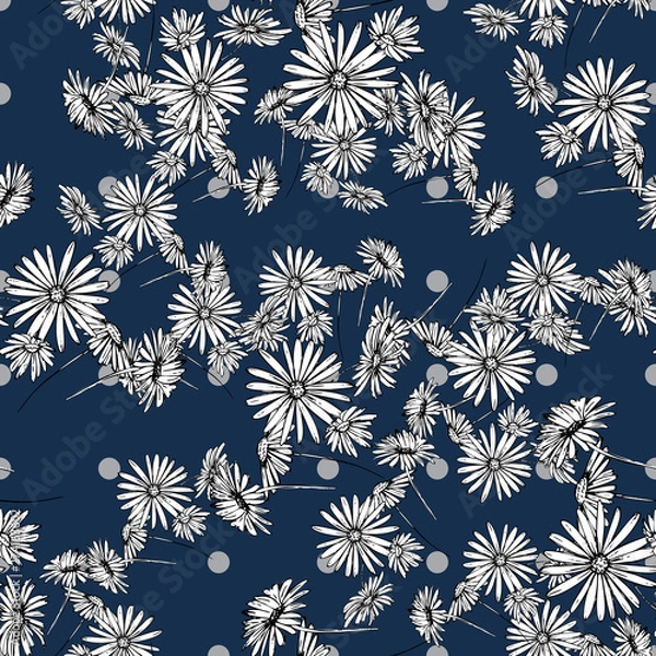Obraz Flower graphic design. Cute seamless vector tile pattern. Retro vintage. line chamomile flowers design on black background.